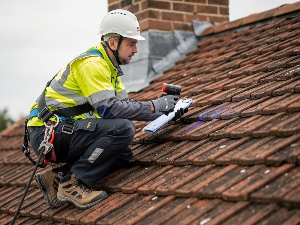Professional roof surveyor conducting inspection